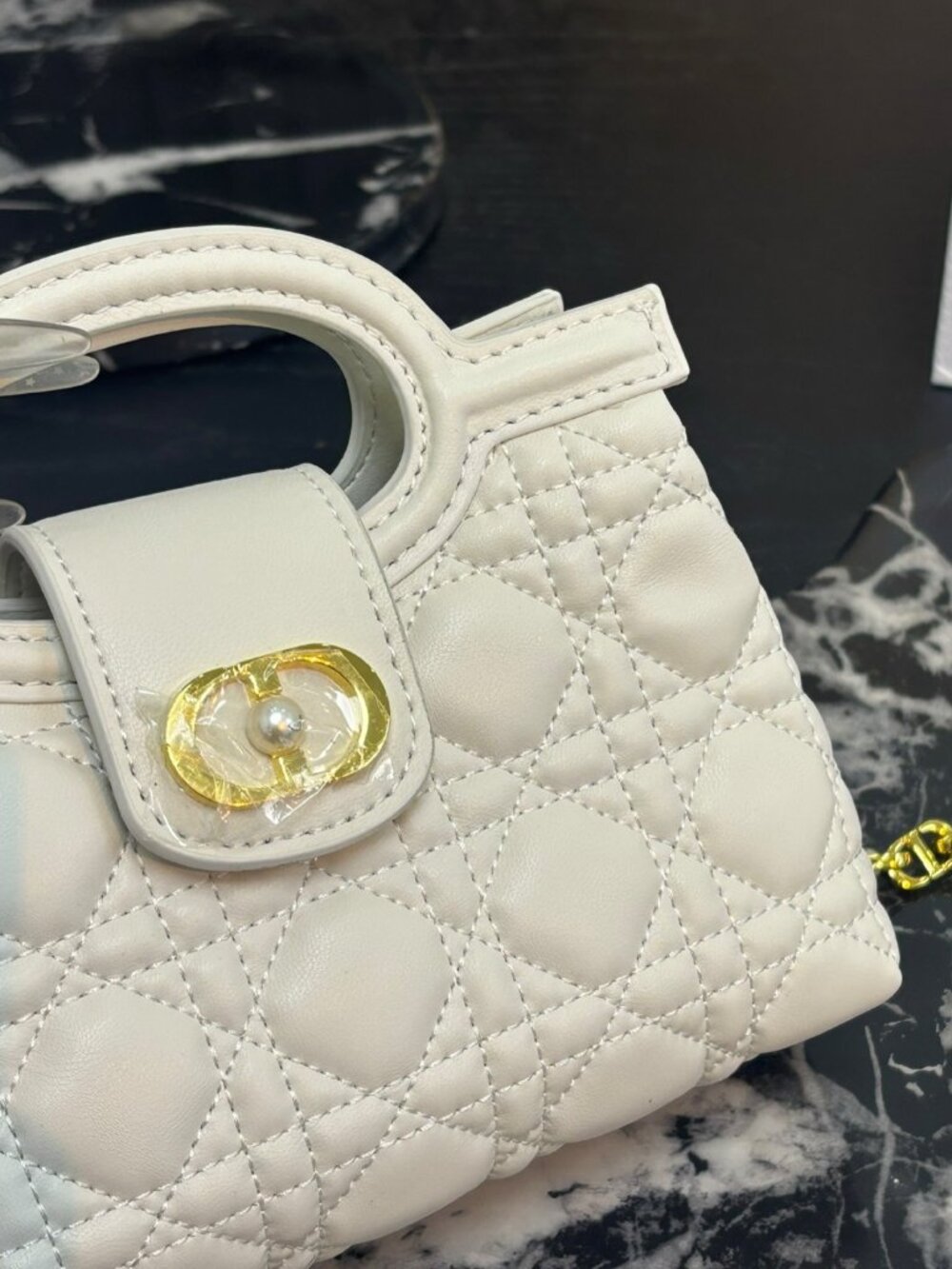 Dior Jolie Mini Top Handle Bag White Cannage Quilted Pearl Chain Crossbody - Picture 7 of 9